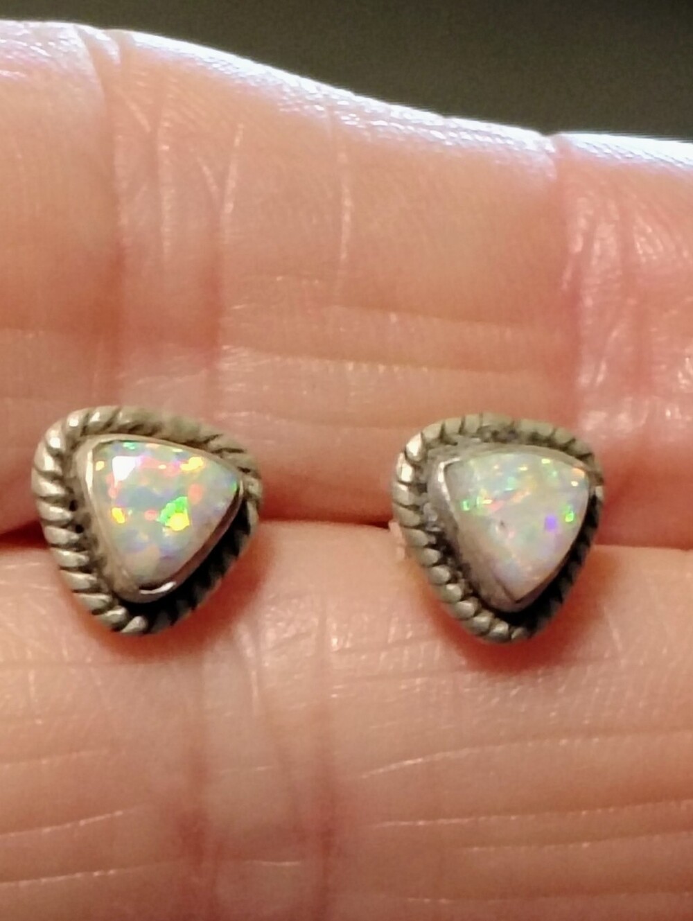 Vintage Sterling Silver Opal Stud Earrings Triangle Southwestern